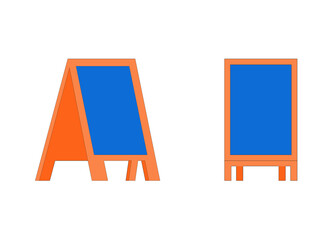 Blank sandwich board, stand, chalkboard for special menu announcement or education. Clean blackboard near pub, cafe, restaurant outdoor or school. Easel for menu on street. Vector black board flat.