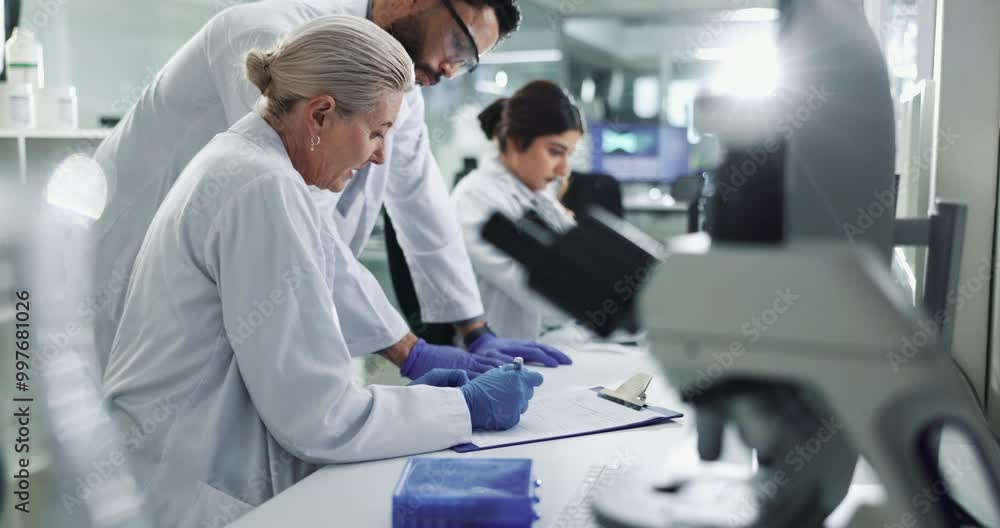 Poster clipboard, collaboration and science with team in lab for breakthrough, development or research. des