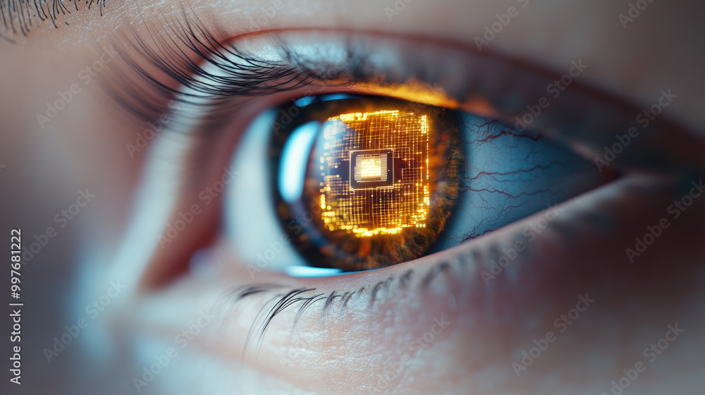 Poster explore a close-up view of a human eye enhanced by digital elements, representing the intersection o