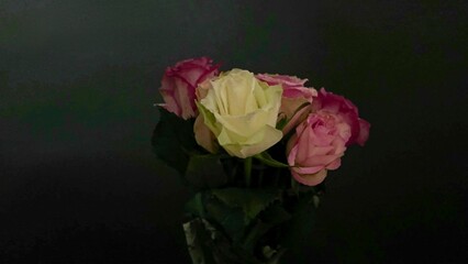 Bouquet of various coloured roses on dark background. Bouquet of roses on black background. Concept...