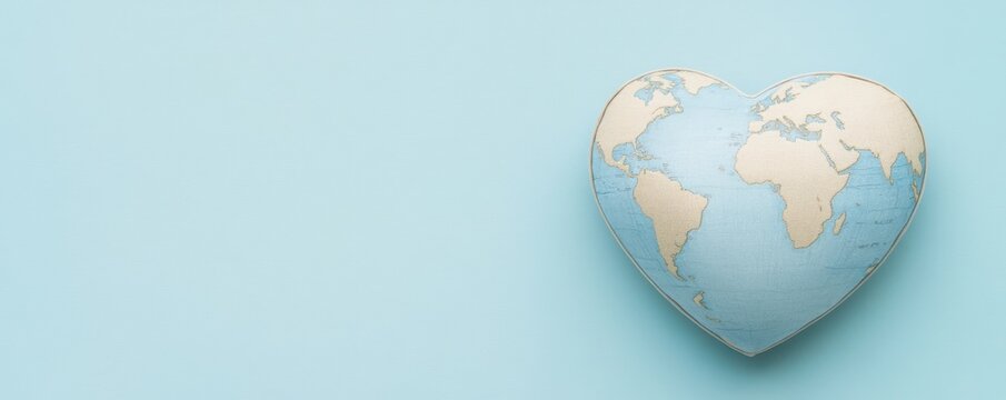 A heart-shaped globe on a pastel background symbolizes love for the world and global unity.