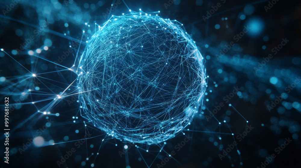 Poster Create an abstract illustration featuring a neural network design intertwined with geometric spheres and polygonal lines.