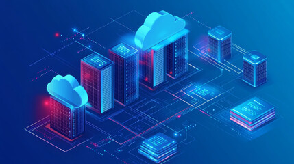  Create a 3D isometric illustration that visually represents cloud server technology and data analysis.