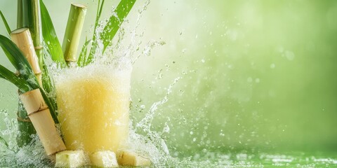 Sugarcane juice splashing with sugarcane stalks in the background. 