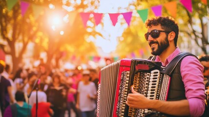 A lively outdoor festival scene featuring a musician playing the accordion, surrounded by colorful decorations and a joyful crowd.