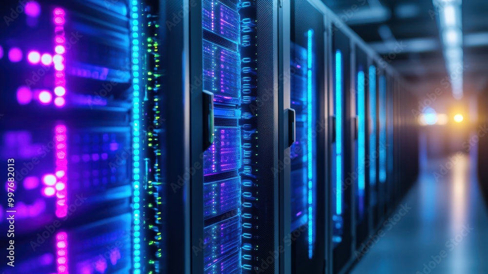 Poster a modern data center showcasing illuminated server racks and advanced technology in a high-tech envi