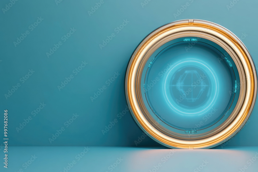 Poster abstract design featuring a high-tech circular portal with sci-fi elements, illuminated against a bl