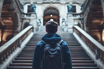 Obraz premium A Young Man Ascend a Grand Staircase