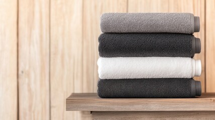 A neatly stacked set of soft towels in neutral colors, resting on a wooden shelf against a rustic background.