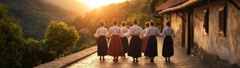 A picturesque scene of women in traditional attire walking towards a sunset, surrounded by nature and rustic architecture.