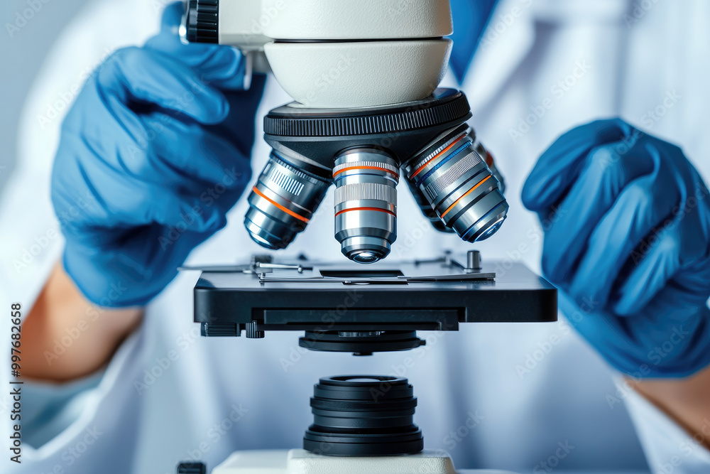 Poster close-up view of a researcher examining samples under a microscope in a modern facility. ideal for s