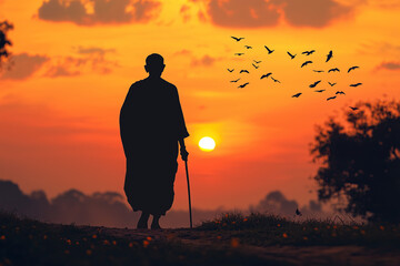 silhouette of a person walking with stick under the sun, with pigeons flying around him for Gandhi jayanti holiday celebration on the 2nd of october
