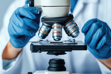 Close-up view of a researcher examining samples under a microscope in a modern facility. Ideal for scientific, educational, and research-related content.