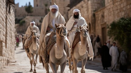 Royal visit: the three wise men journeying to honor the newborn king, showcasing their gifts and deep reverence, symbolizing wisdom, faith, and the significance of their pilgrimage.