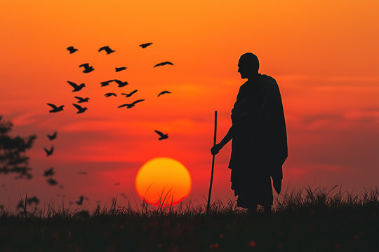 silhouette of a person walking with stick under the sun, with pigeons flying around him for Gandhi jayanti holiday celebration on the 2nd of october