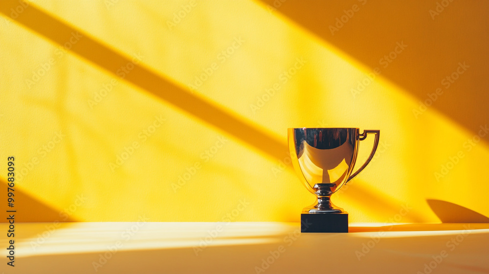 Poster shiny trophy displayed on a table with bright yellow background and dramatic shadow patterns