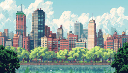Naklejka premium A retro-inspired, pixelated landscape or city scene reminiscent of classic 8-bit video games, perfect for a nostalgic yet playful vibe