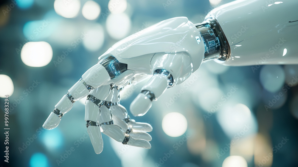 Poster a white robot woman is depicted against a blurred background, interacting with a holographic 3d rend
