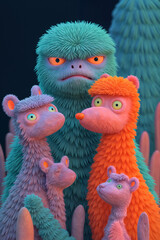 Colorful furry creatures on a monochrome background.