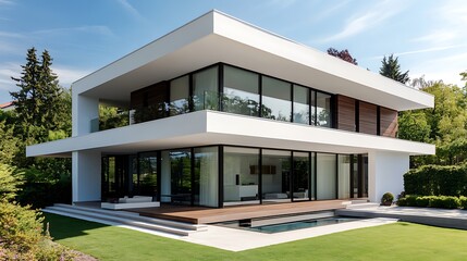 A modern cube-shaped house featuring a flat roof, large floor-to-ceiling windows, and a white exterior. The interior is designed with an open floor plan, showcasing a seamless flow between living spac