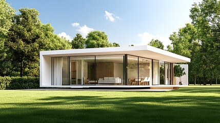 A modern cube-shaped house featuring a flat roof, large floor-to-ceiling windows, and a white exterior. The interior is designed with an open floor plan, showcasing a seamless flow between living spac