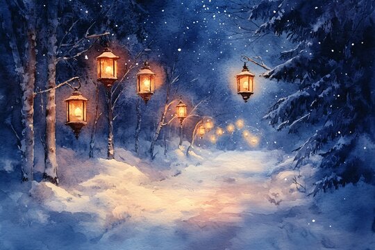 Watercolor Painting of Snow-Laden Forest Path Illuminated by Lanterns, Frosted Tree Branches and Star-Filled Winter Sky