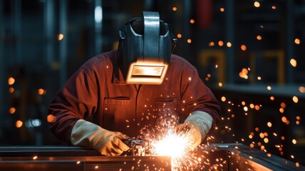 A skilled welder working in a workshop, creating sparks while joining metal pieces, showcasing craftsmanship and industrial strength.