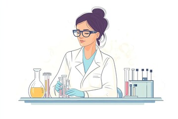 A female scientist with glasses, in the laboratory experiments illustration 2d style	