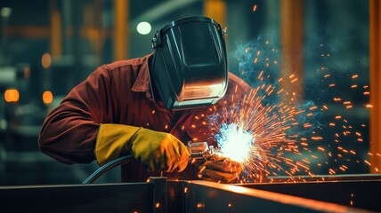 A skilled welder working meticulously with sparks flying in an industrial setting, showcasing craftsmanship and safety.