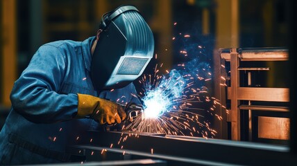 A skilled welder works diligently on metal fabrication, showcasing sparks and precision in a modern workshop environment.