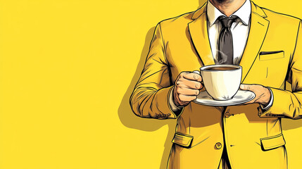 Morning coffee makes things better." Illustrated in a comic style with a yellow suit. Modern design featuring a contemporary art collage. Ideal for inspiration and trendy urban magazine style, with ne