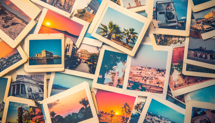 A collection of Polaroid photos scattered on a table, showcasing travel memories, sunsets, and urban scenes for a nostalgic vibe