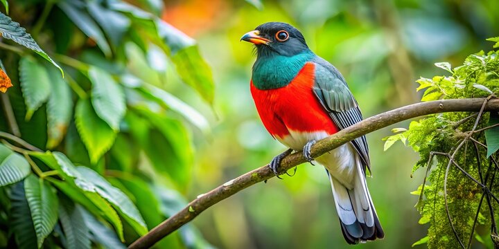 The majestic Cuban Trogon perches elegantly on a branch, nestled within the verdant tropical foliage that characterizes