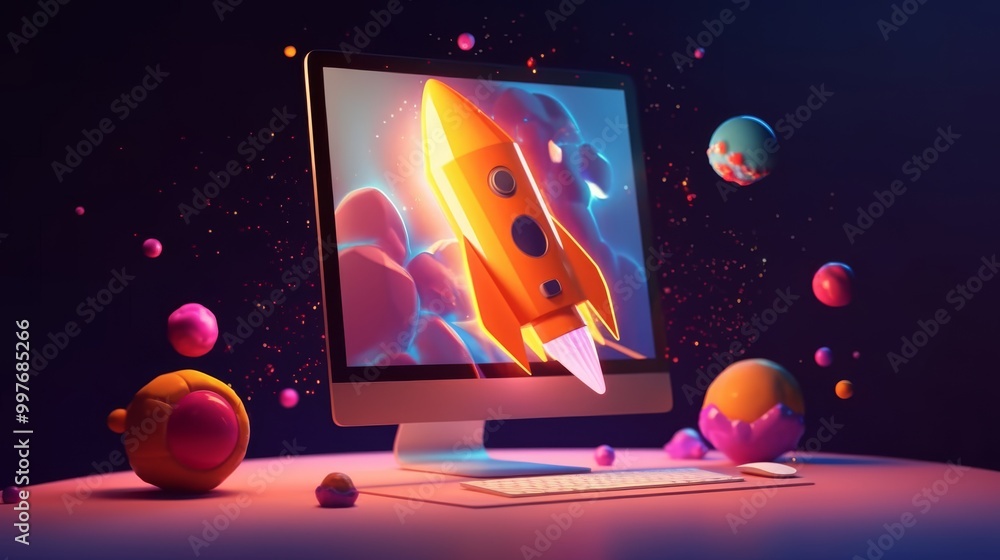 Poster a computer monitor shows a rocket launching into space