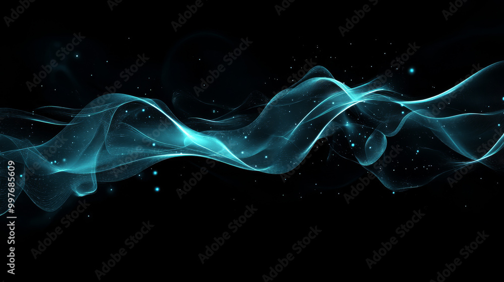 Poster Background Description: The background features a rich, dark abstract canvas that serves as a striking contrast to luminous, flowing wave designs. These shiny, moving lines create a sense of depth and
