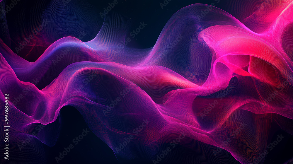Poster Background Description: The background features a rich, dark abstract canvas that serves as a striking contrast to luminous, flowing wave designs. These shiny, moving lines create a sense of depth and