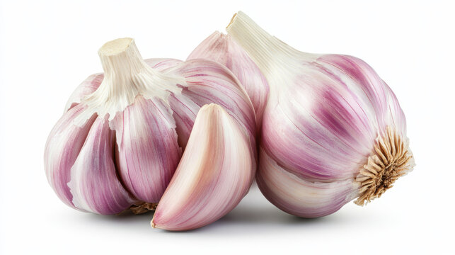 The image features several garlic bulbs arranged closely together, showcasing their distinct, papery white skin with a hint of purple. Each bulb displays its individual cloves, partially exposed, reve