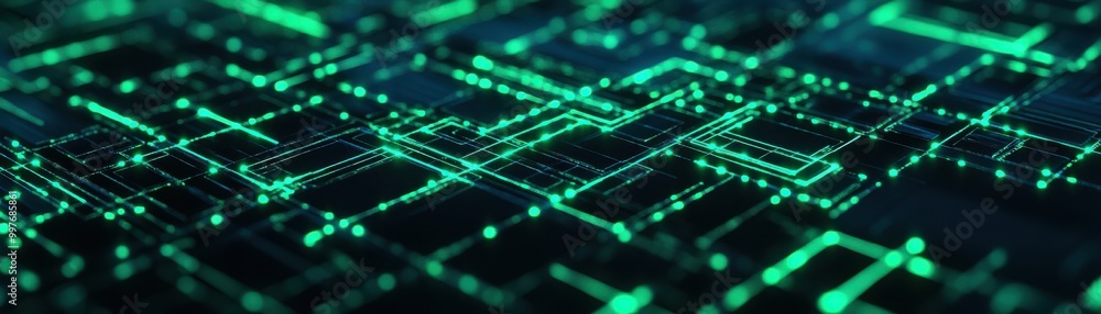 Poster abstract digital network background with glowing green lines and patterns, representing technology a