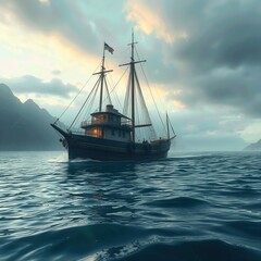 Obraz premium Sailing Ship in Misty Waters