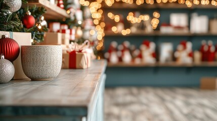 Cozy holiday decor with cup and festive decorations.