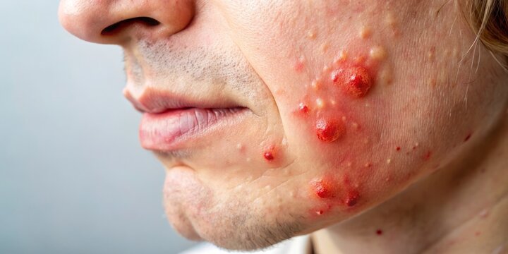 The skin is closely examined, highlighting a red, inflamed bug bite or pimple against a pale background, showcasing