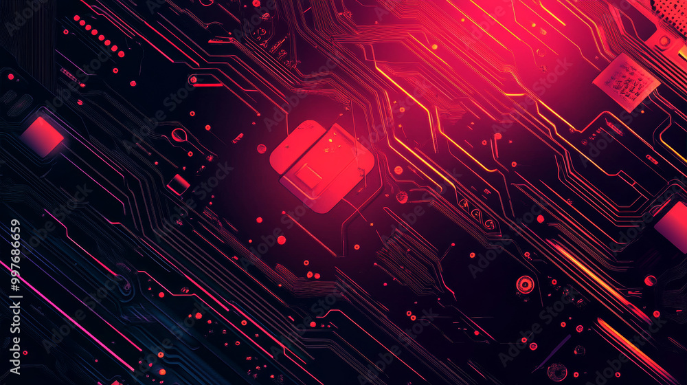 Poster start with a vibrant, high-tech color gradient background that transitions from deep blue at the top