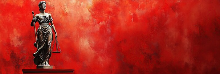 Red background with abstract textures, red books and lady justice statue, red grunge wall