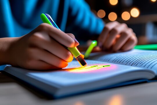 Student using a highlighter to identify key points in a reading passage, preparing to answer comprehension questions during a class assignment