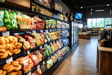 Fototapeta premium Variety of snacks on shelves in a grocery store.