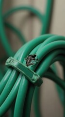 Close-up of damaged green electrical extension cord wire