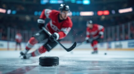 Professional ice hockey player shooting puck during intense game