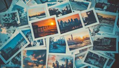 A collection of Polaroid photos scattered on a table, showcasing travel memories, sunsets, and urban scenes for a nostalgic vibe