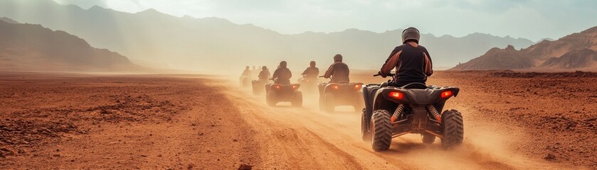 Exciting off-road adventure with all-terrain vehicles racing through a dusty landscape against a stunning mountain backdrop.