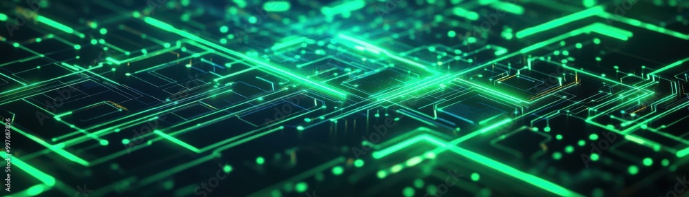 Poster futuristic digital circuit board with glowing green lines and data points, representing technology a